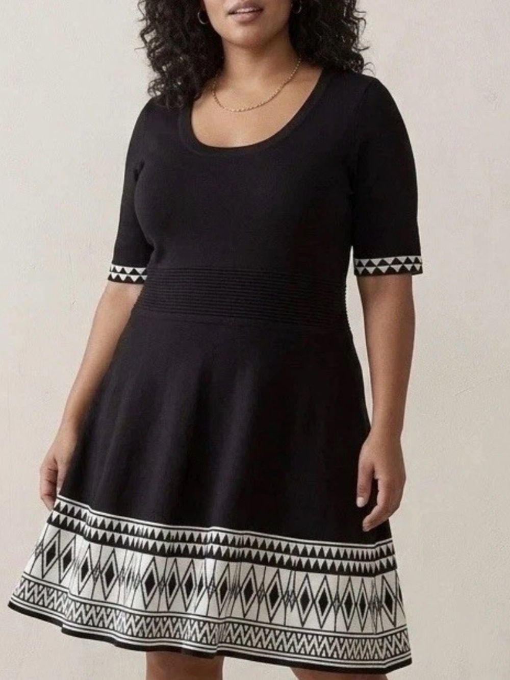 Black Knit Sweater Dress Geometric Aztec XL Fit Flare A-Line Boho Casual